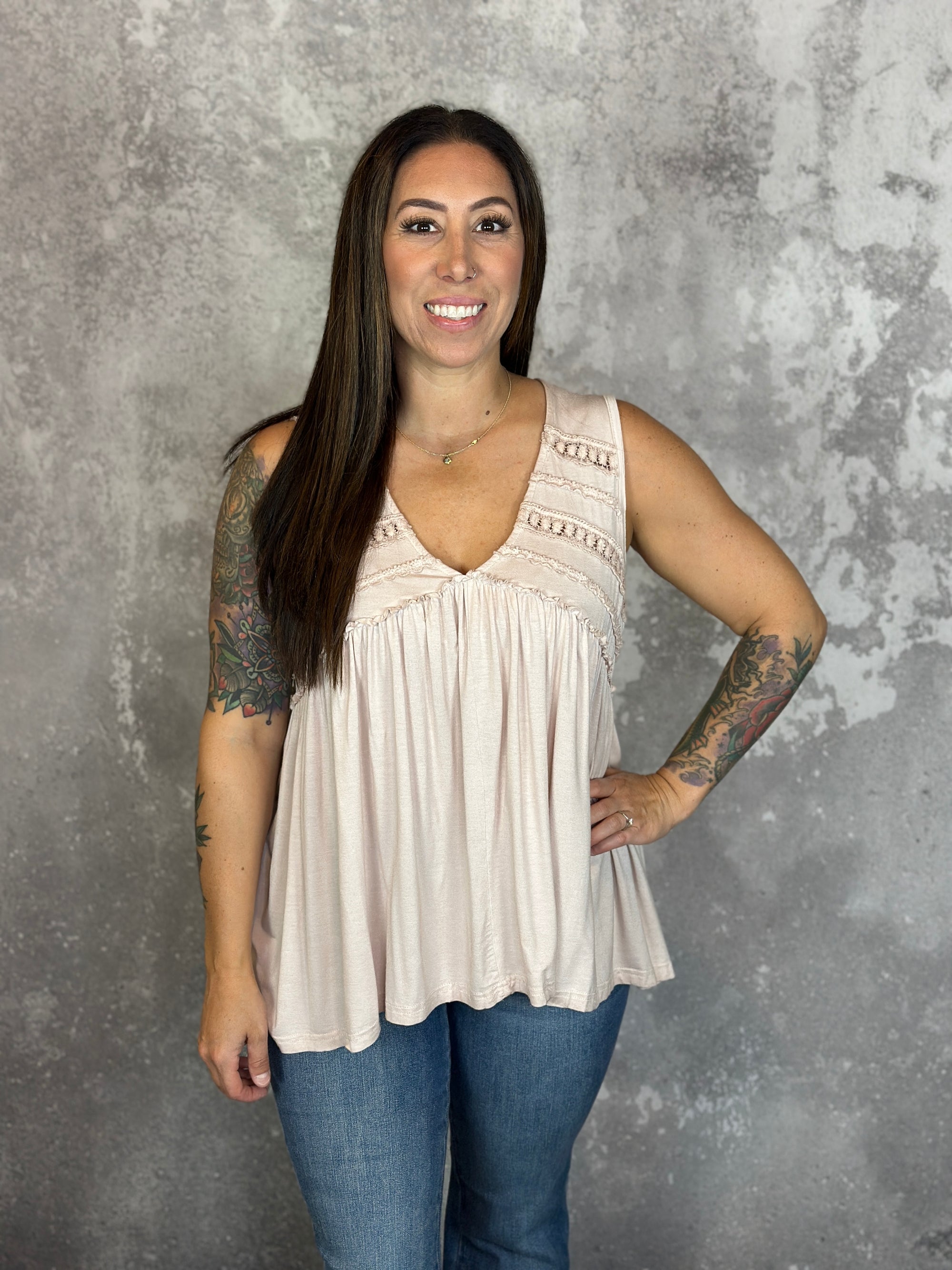 Vneck Tank with Dainty Crochet Detail - Blush