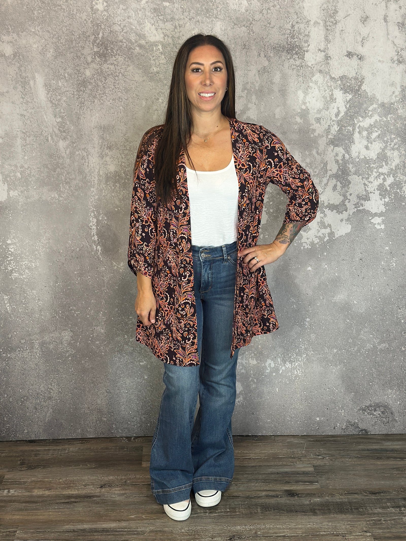 Wrinkle Free Cardigan - Chocolate Floral (Small - 3X)