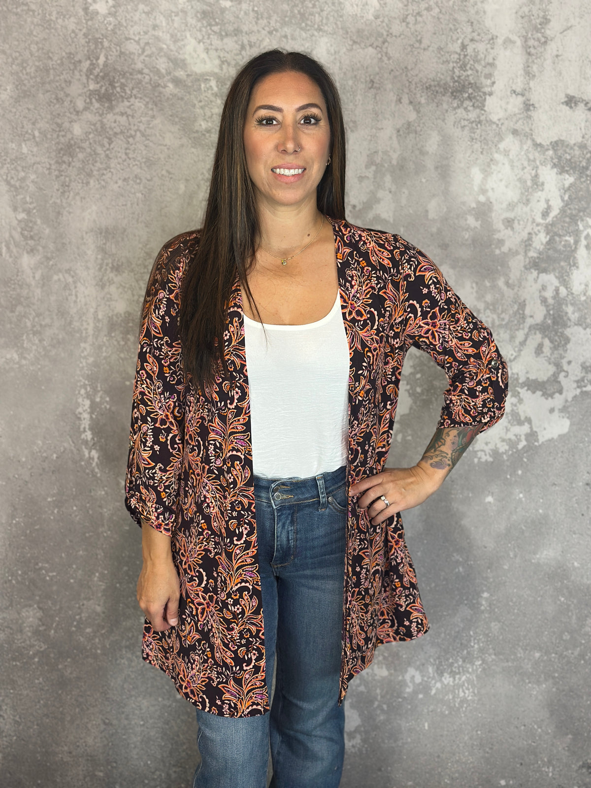 Wrinkle Free Cardigan - Chocolate Floral (Small - 3X)