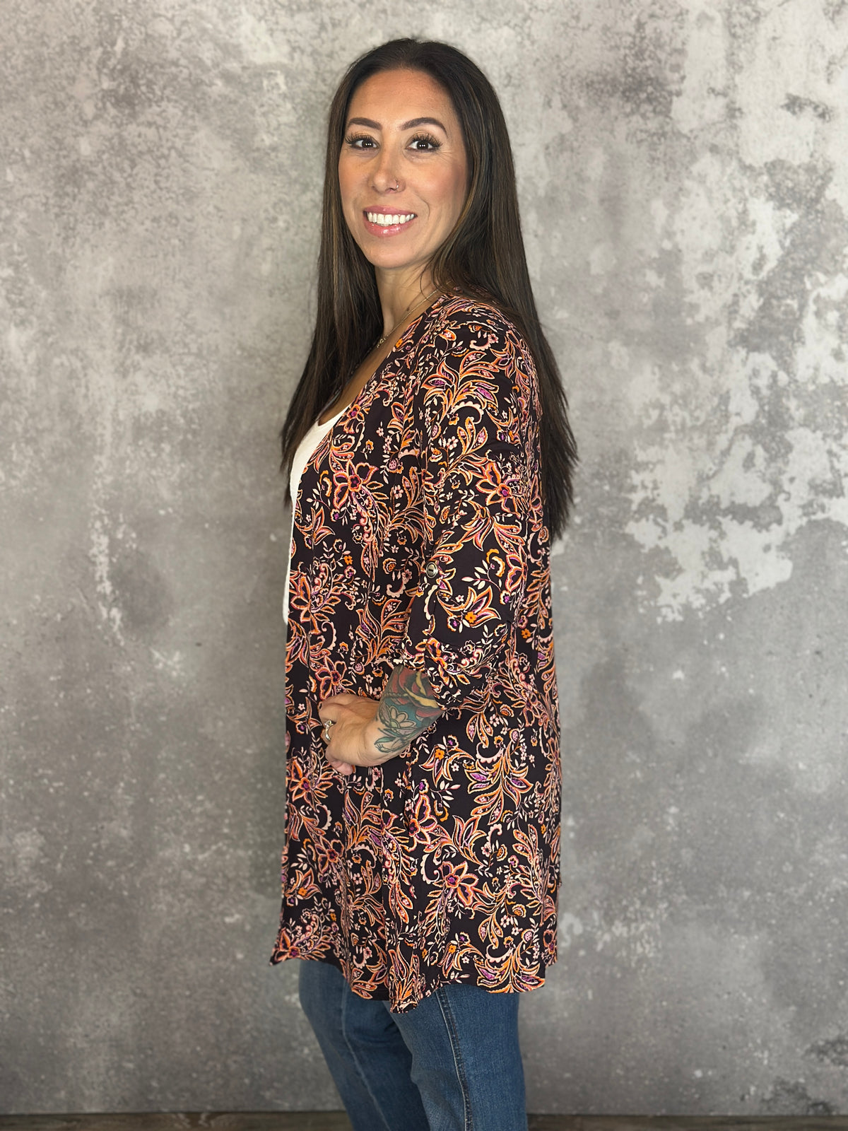 Wrinkle Free Cardigan - Chocolate Floral (Small - 3X)