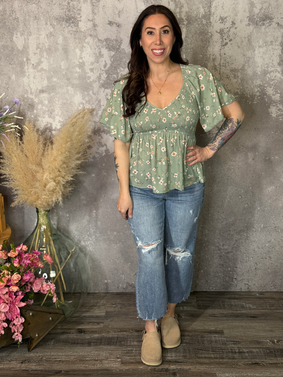 Sage Floral Smocked Babydoll Top