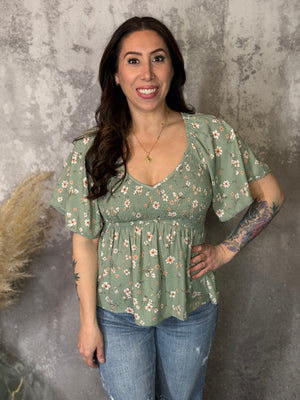 Sage Floral Smocked Babydoll Top