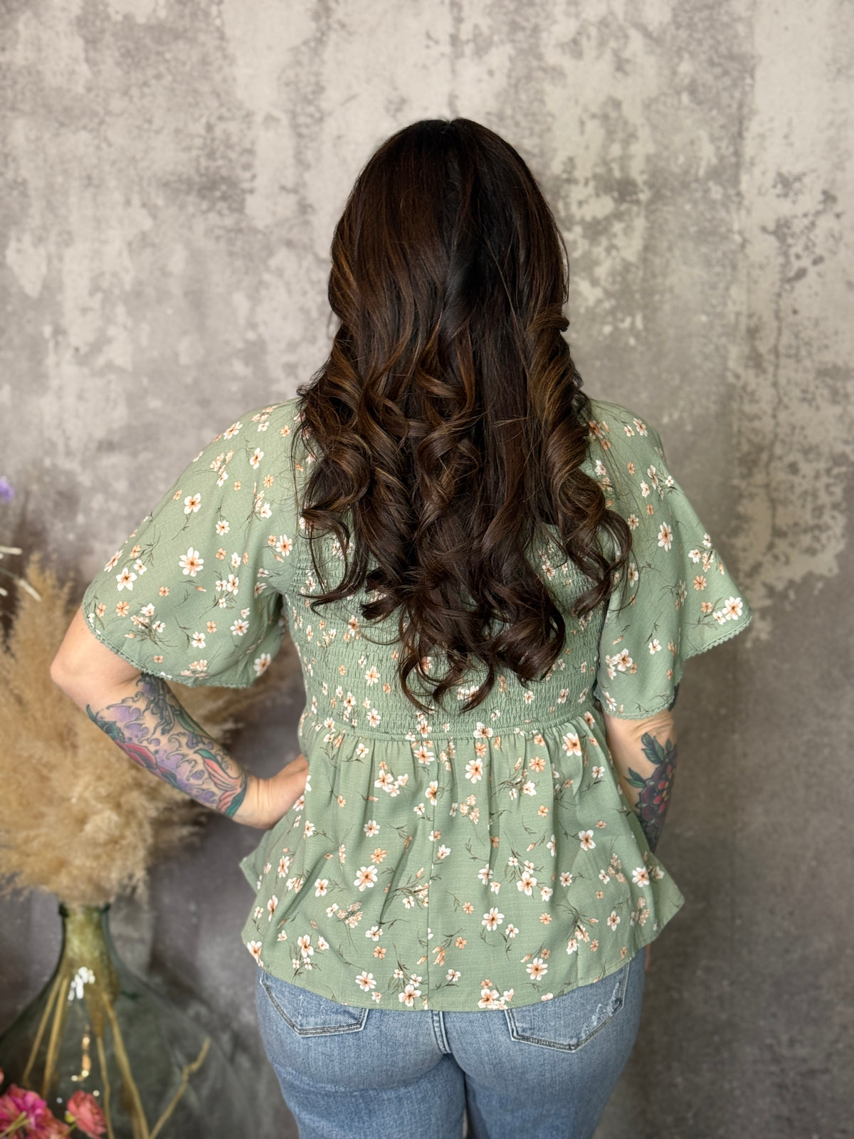Sage Floral Smocked Babydoll Top