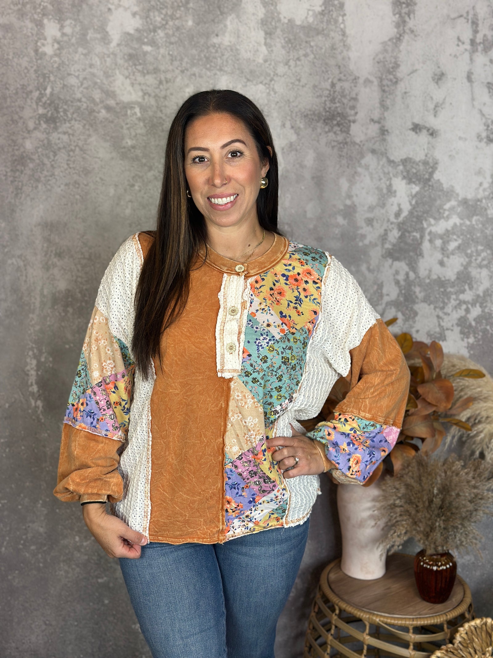 Apricot Lace Boho Button Top