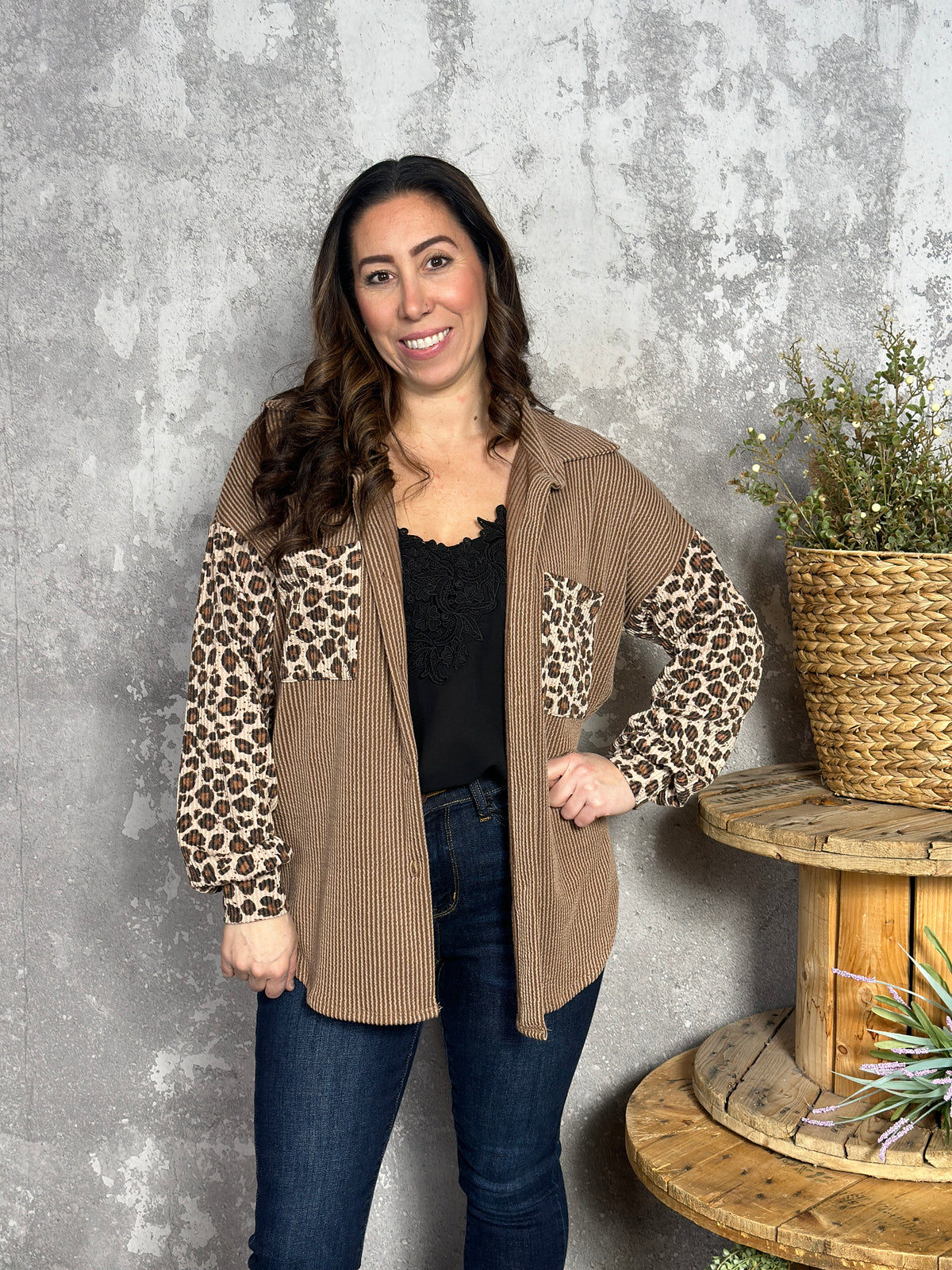 Lightweight Ribbed Brown Leopard Shacket