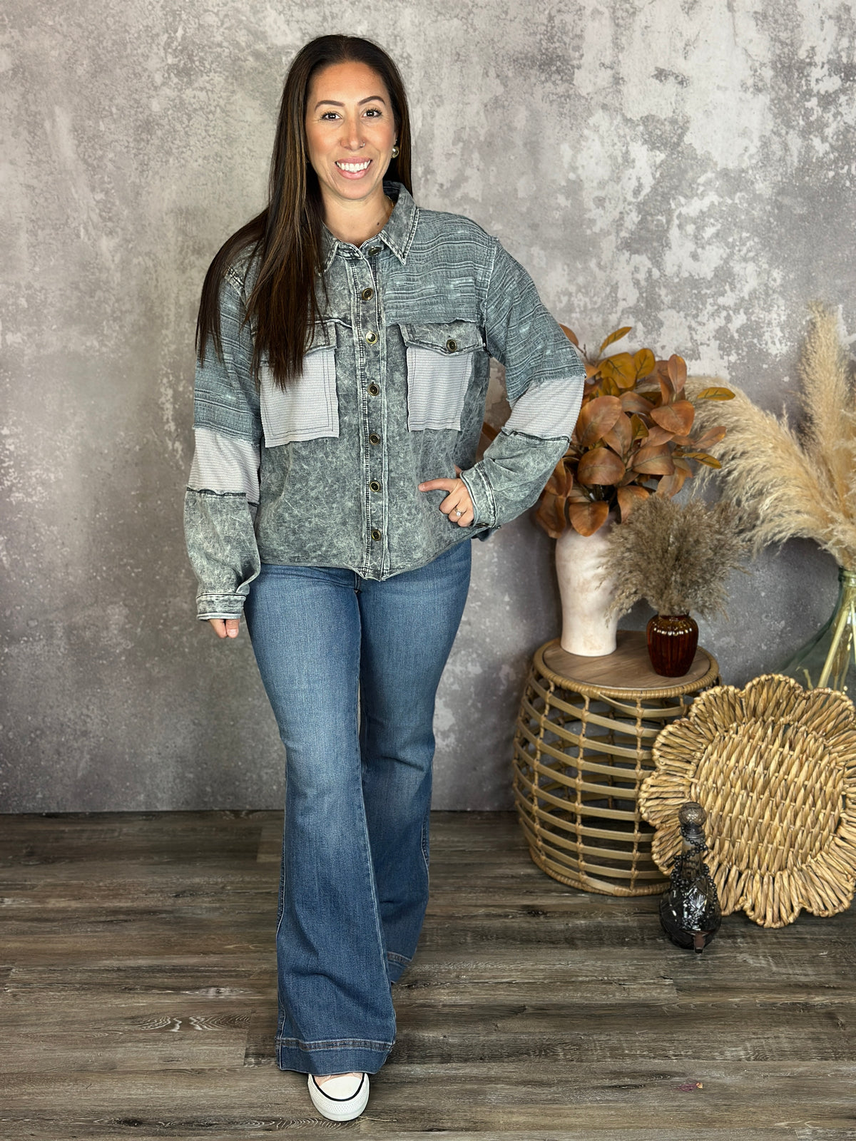 Grey Textured Lightweight Button up Shacket/Top