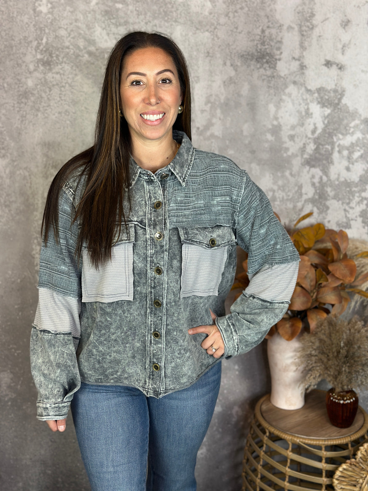 Grey Textured Lightweight Button up Shacket/Top