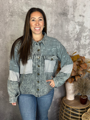 Grey Textured Lightweight Button up Shacket/Top