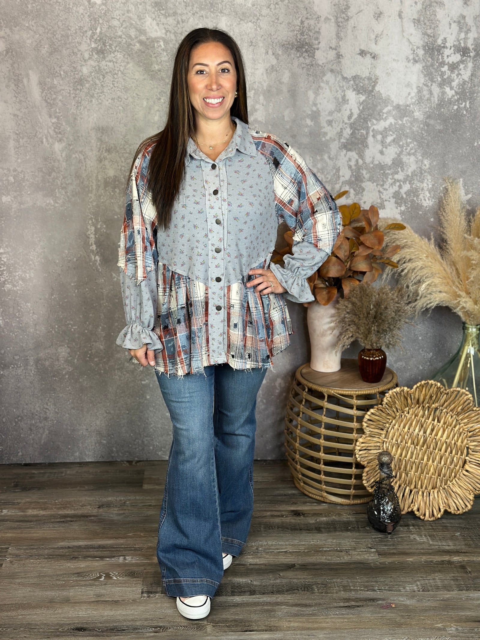 Grey Blue Rust Plaid Lightweight Shacket/Top