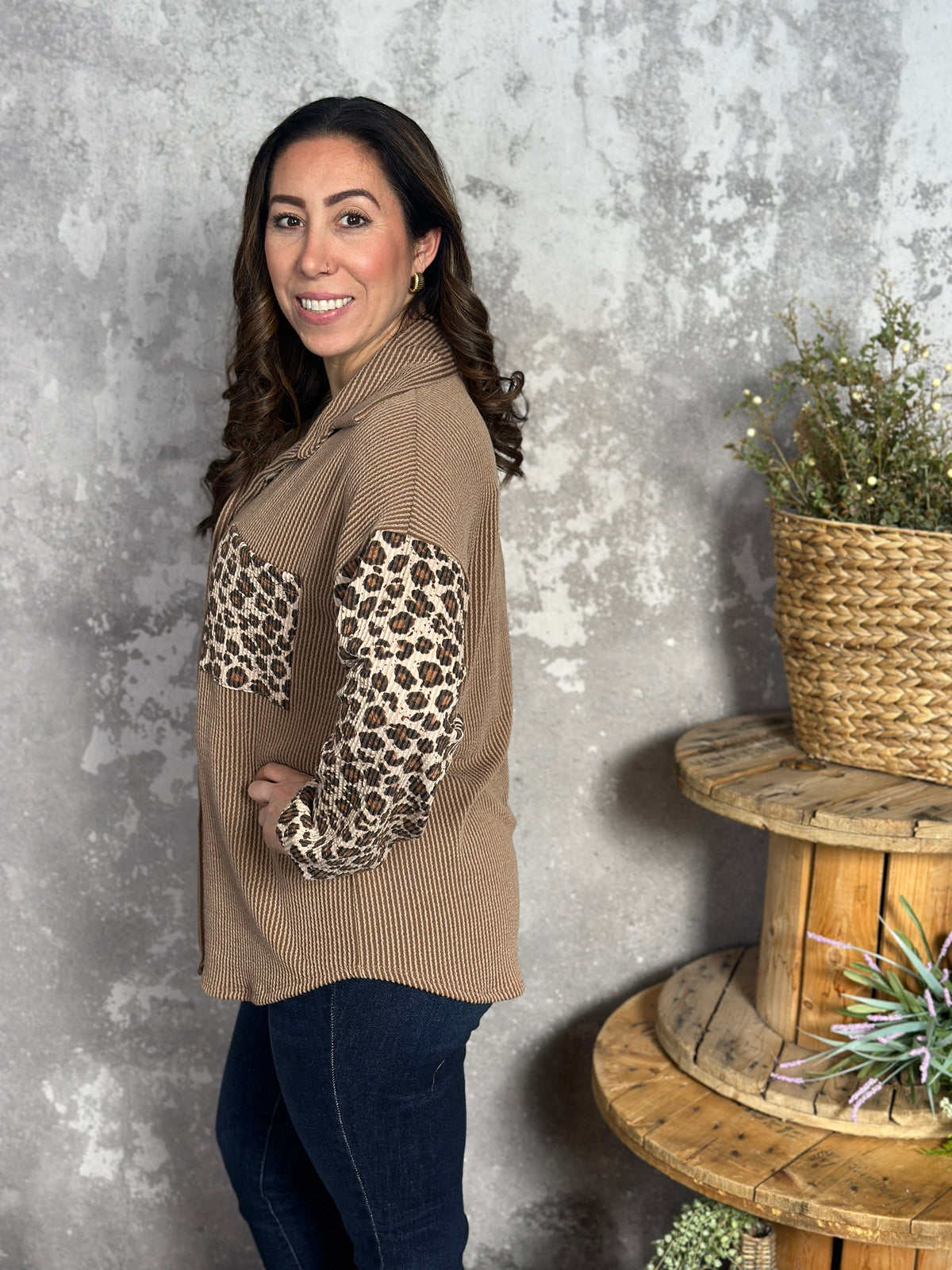 Lightweight Ribbed Brown Leopard Shacket