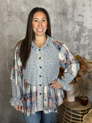 Grey Blue Rust Plaid Lightweight Shacket/Top