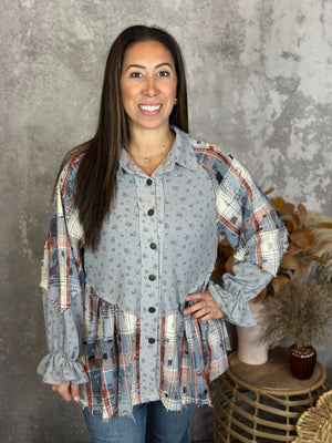 Grey Blue Rust Plaid Lightweight Shacket/Top
