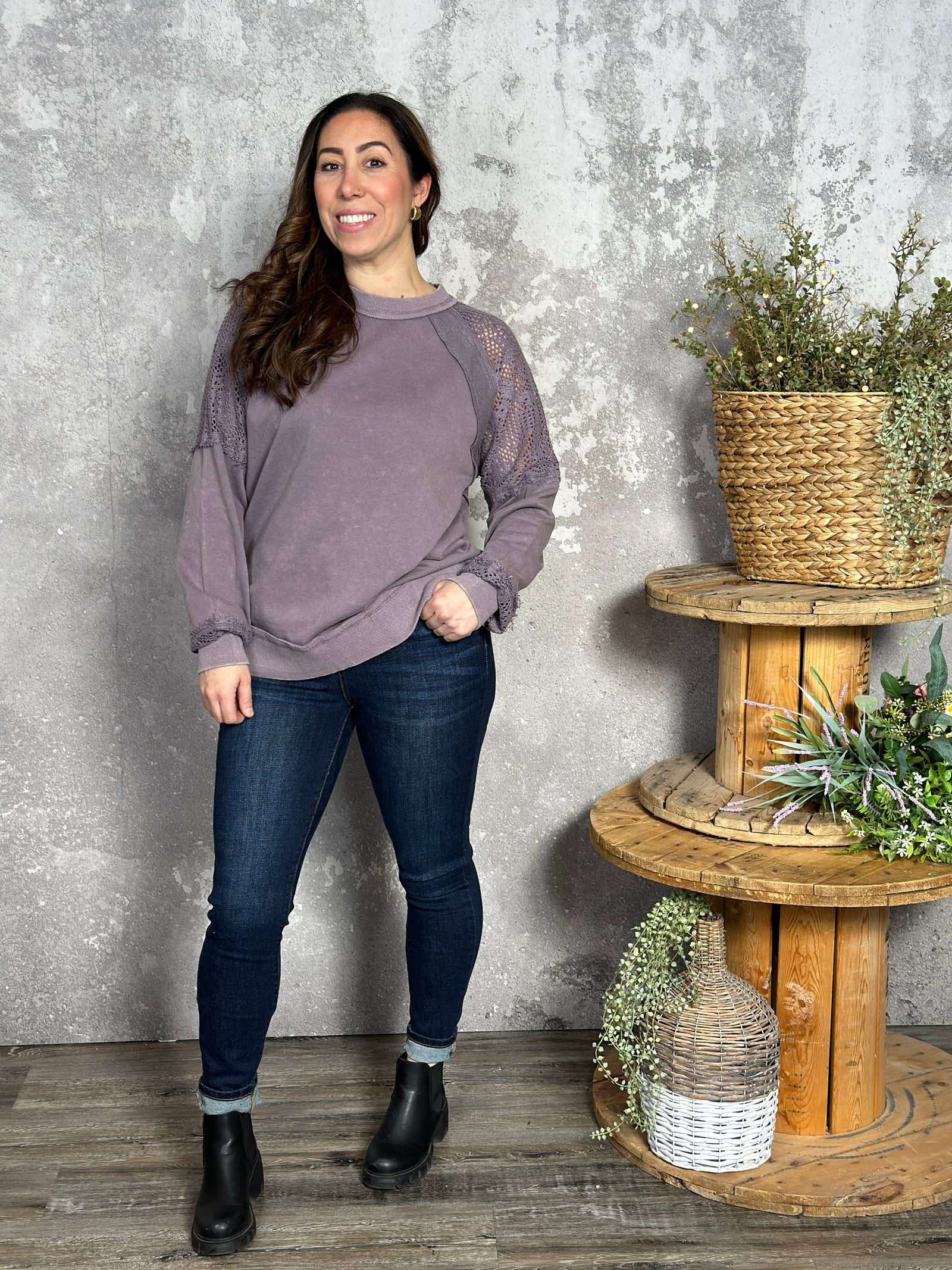 Dusty Lilac Sweatshirt with Crochet Inserts  (Small - 3X)
