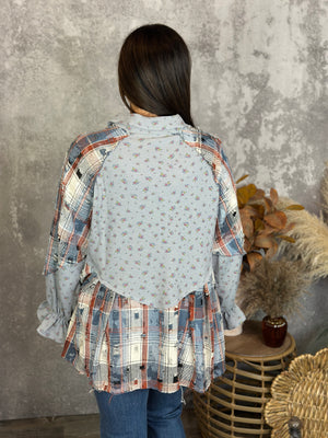 Grey Blue Rust Plaid Lightweight Shacket/Top