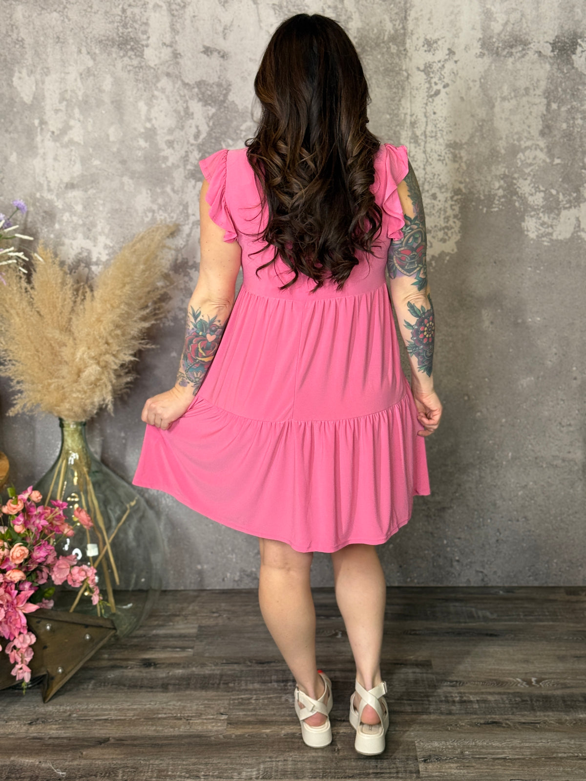 Lizzie Wrinkle Free Ruffle Tank Dress - Strawberry Pink (Small - 3X)