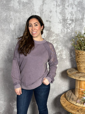 Dusty Lilac Sweatshirt with Crochet Inserts  (Small - 3X)