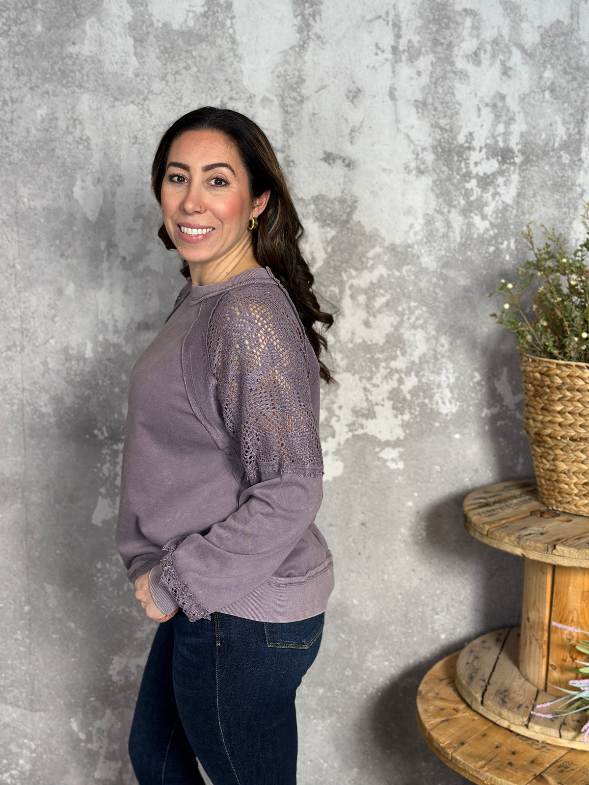 Dusty Lilac Sweatshirt with Crochet Inserts  (Small - 3X)