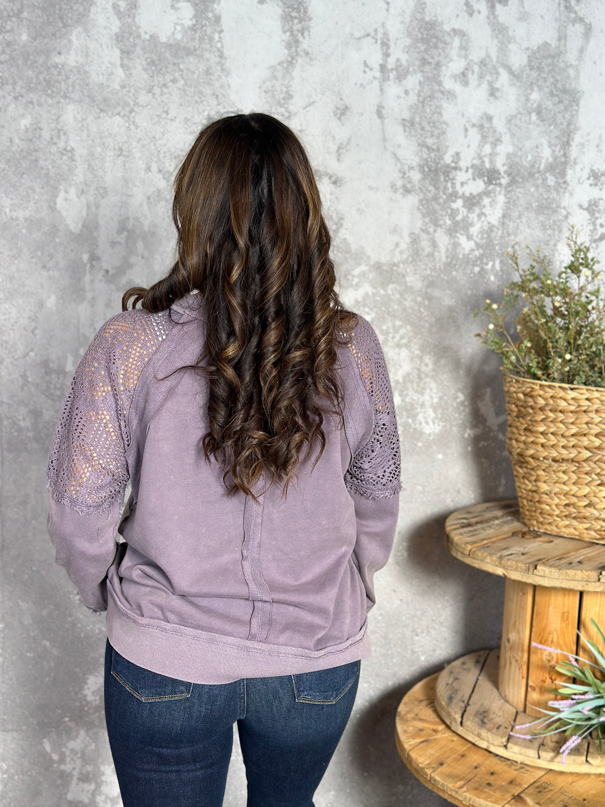 Dusty Lilac Sweatshirt with Crochet Inserts  (Small - 3X)