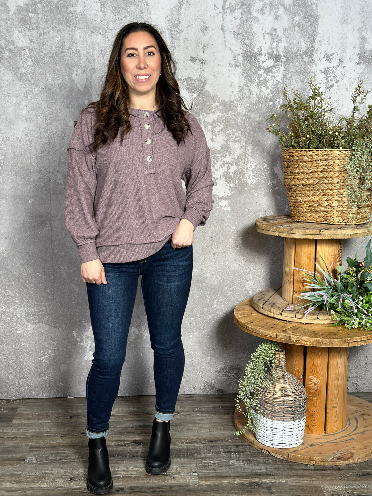 Long Sleeve Ribbed Button Detail Top - Mauve (Small - 3X)