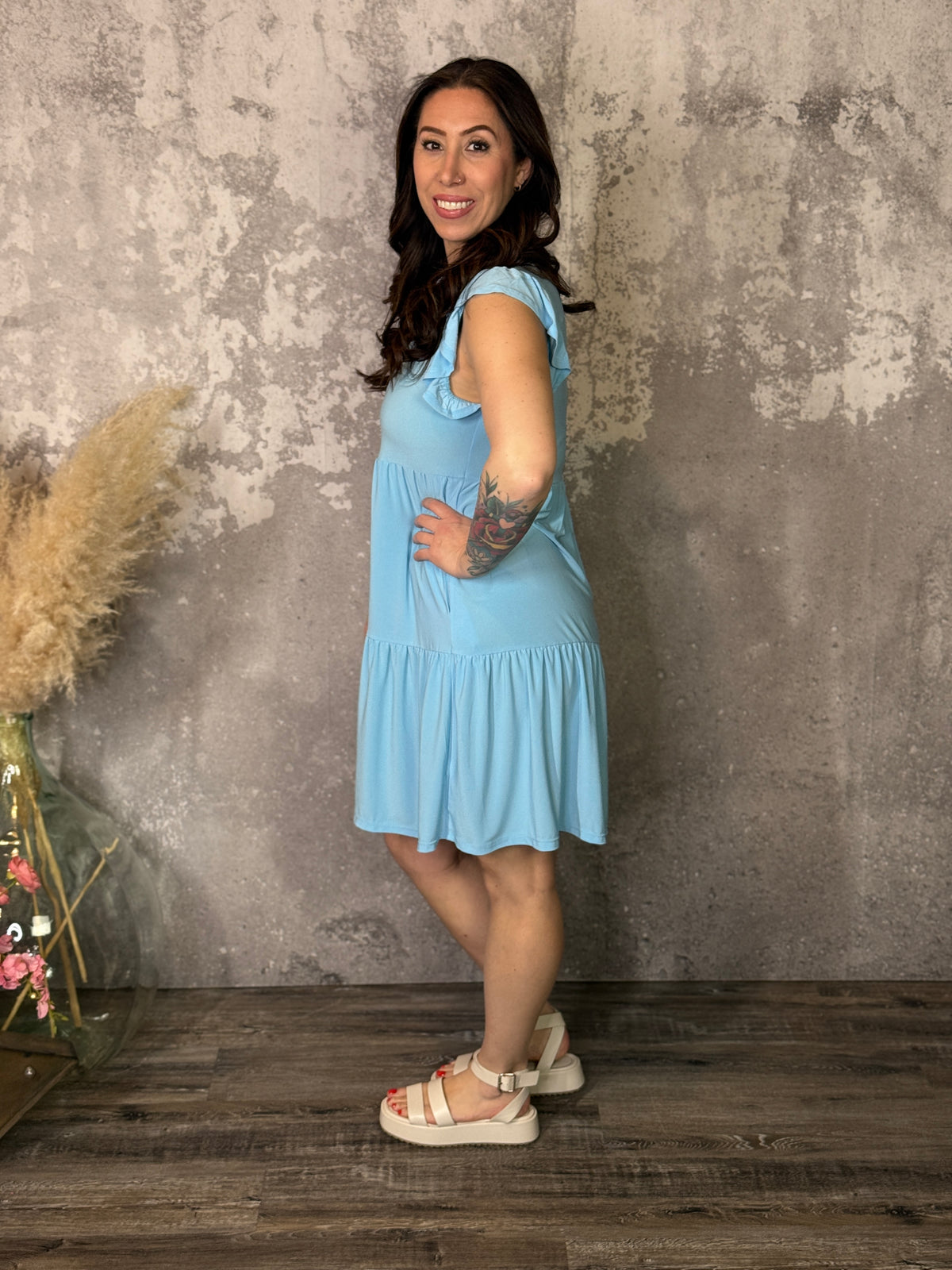 Lizzie Wrinkle Free Ruffle Tank Dress - Blue (Small - 3X)