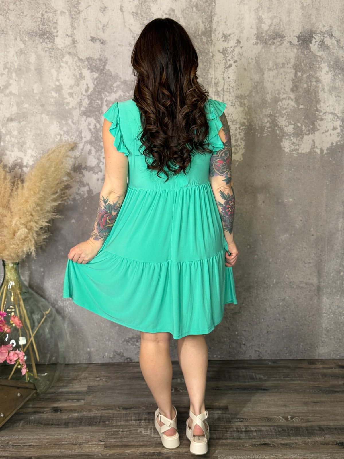 Lizzie Wrinkle Free Ruffle Tank Dress - Emerald (Small - 3X)