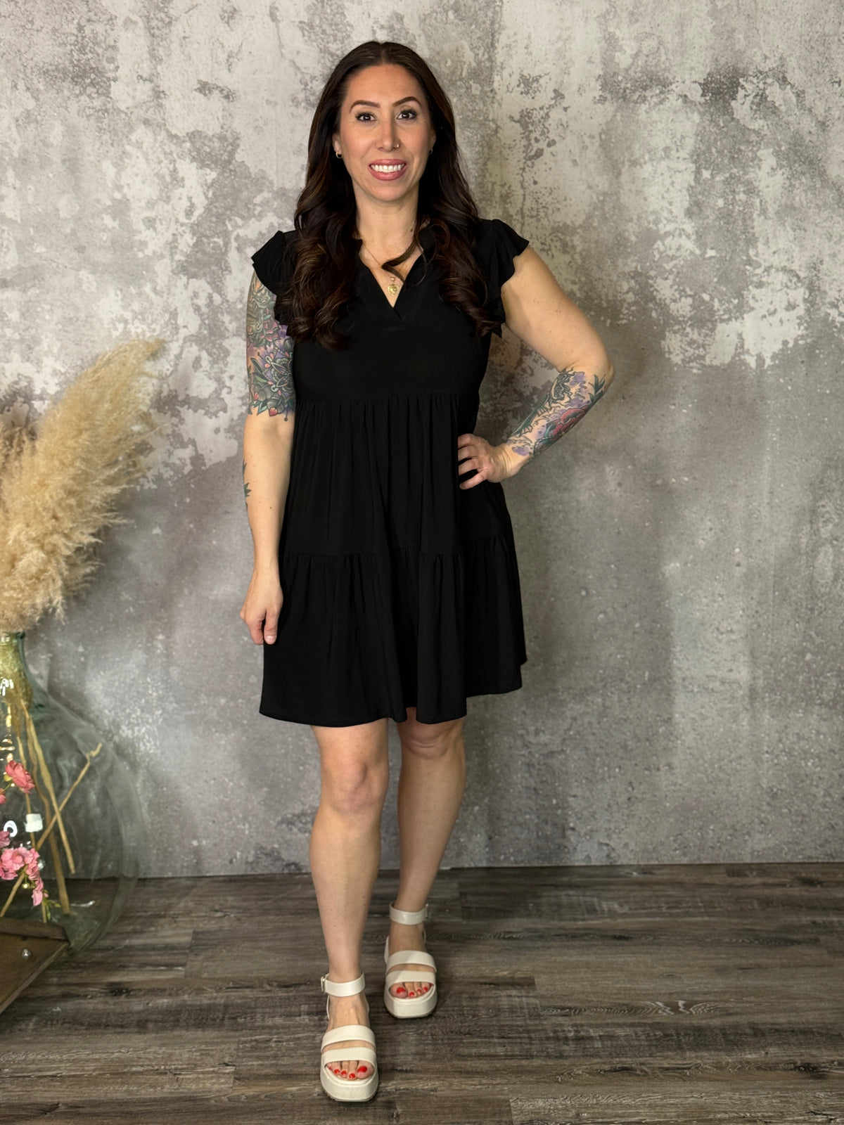 Lizzie Wrinkle Free Ruffle Tank Dress - Black (Small - 3X)