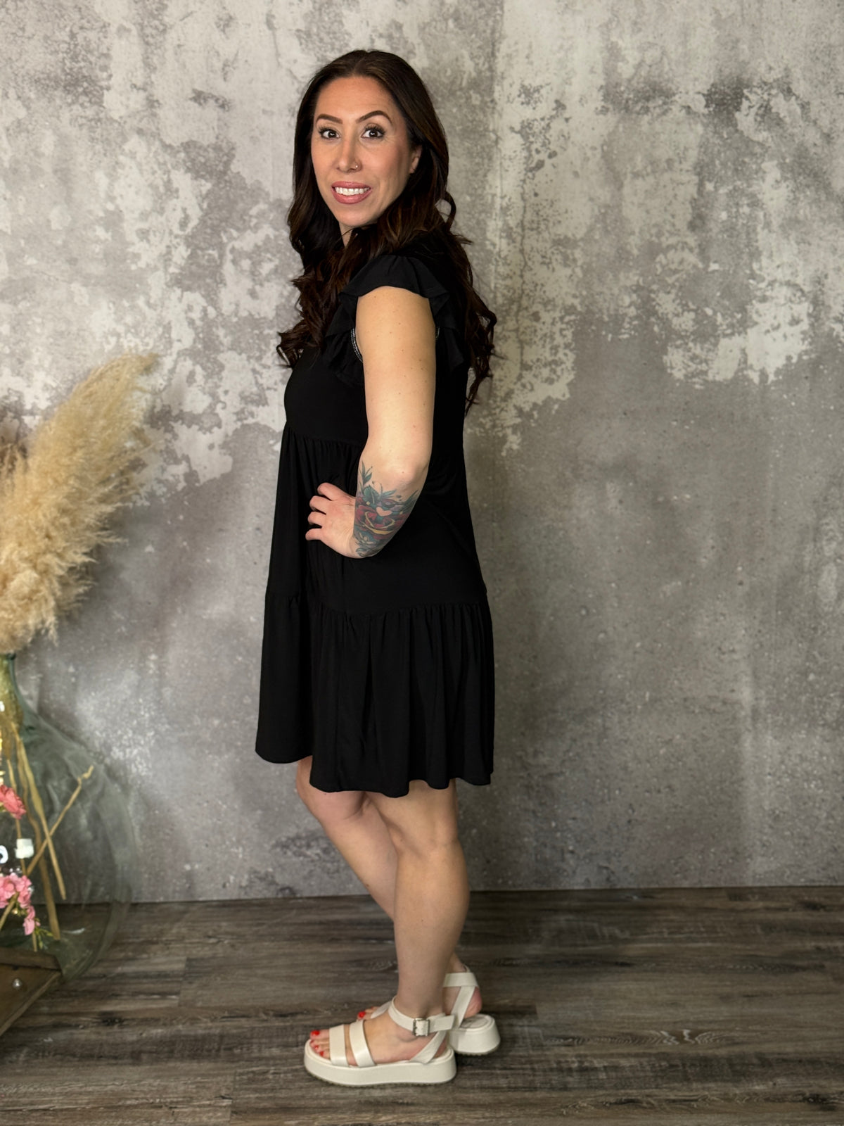 Lizzie Wrinkle Free Ruffle Tank Dress - Black (Small - 3X)
