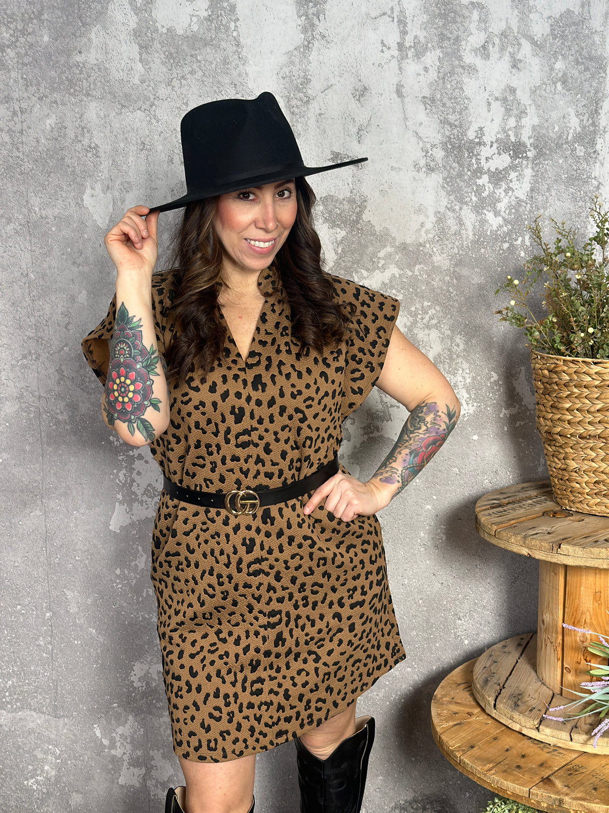 Leopard Drop Shoulder Textured Dress