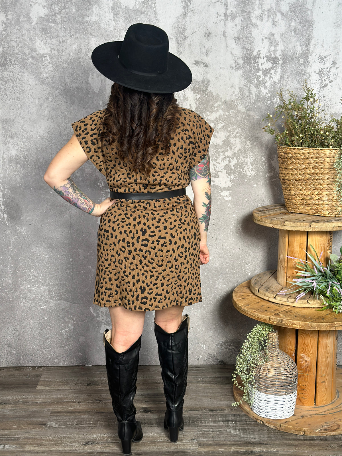 Leopard Drop Shoulder Textured Dress