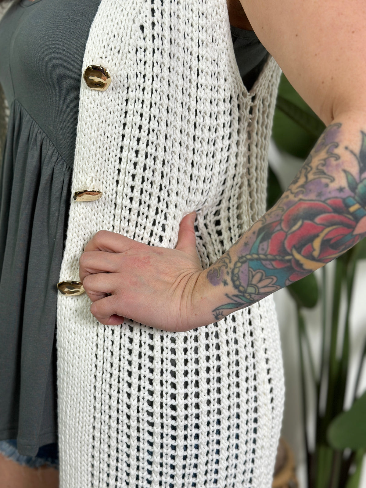 Ivory Knit Vest with Gold Statement Buttons