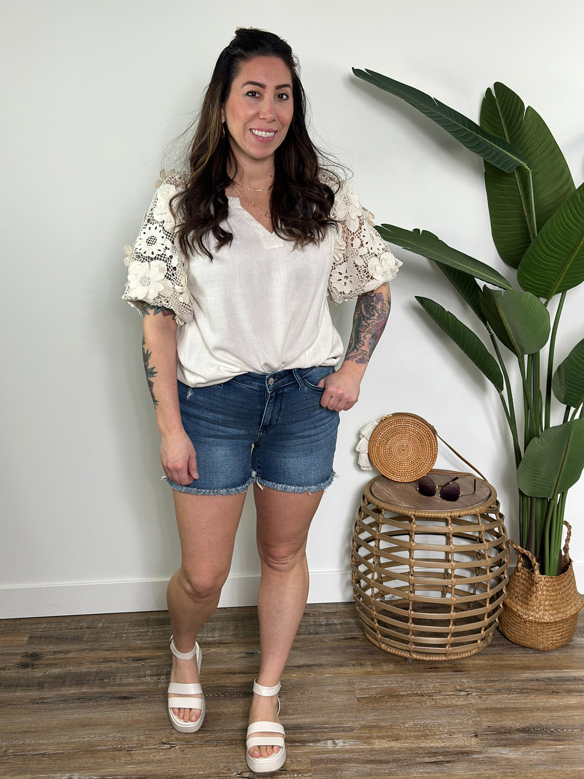 3/D Flower Sleeve Linen Top (Small - 2X)