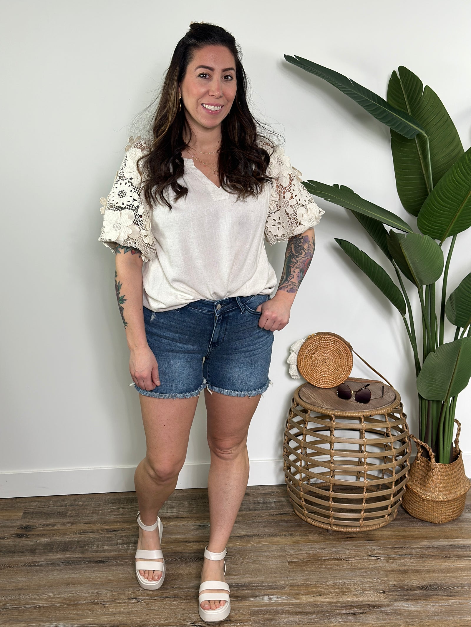 3/D Flower Sleeve Linen Top (Small - 2X)