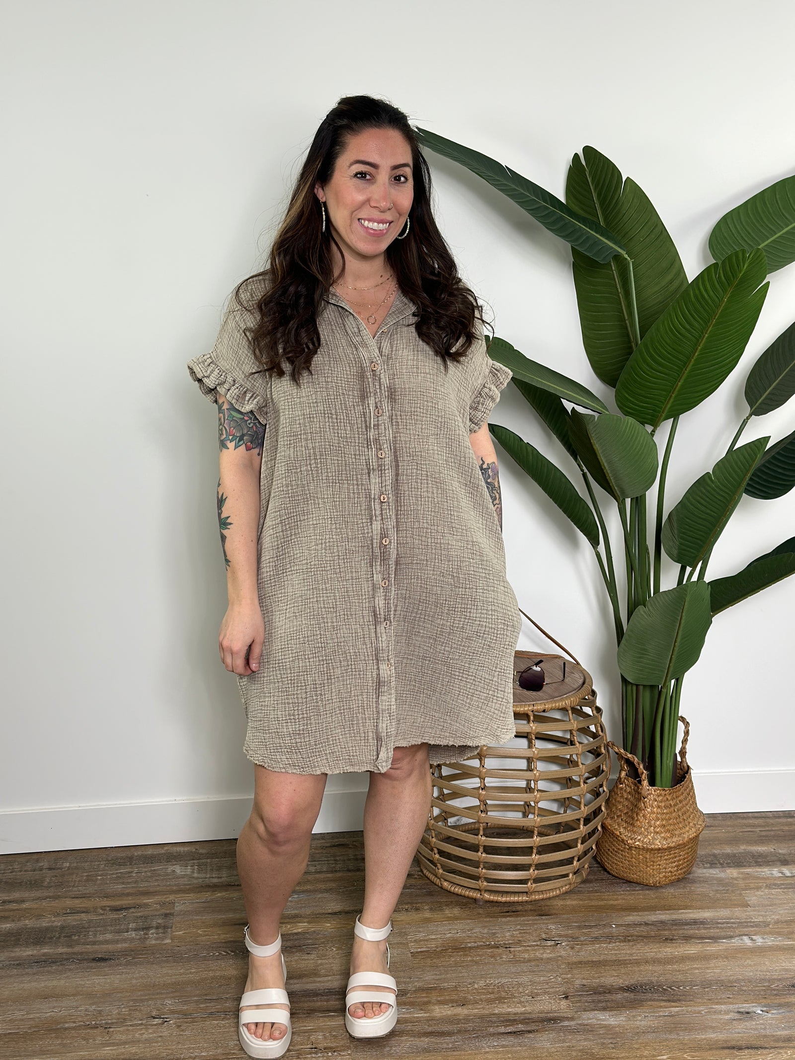 Toffee Gauze Ruffle Sleeve Dress - FINAL SALE