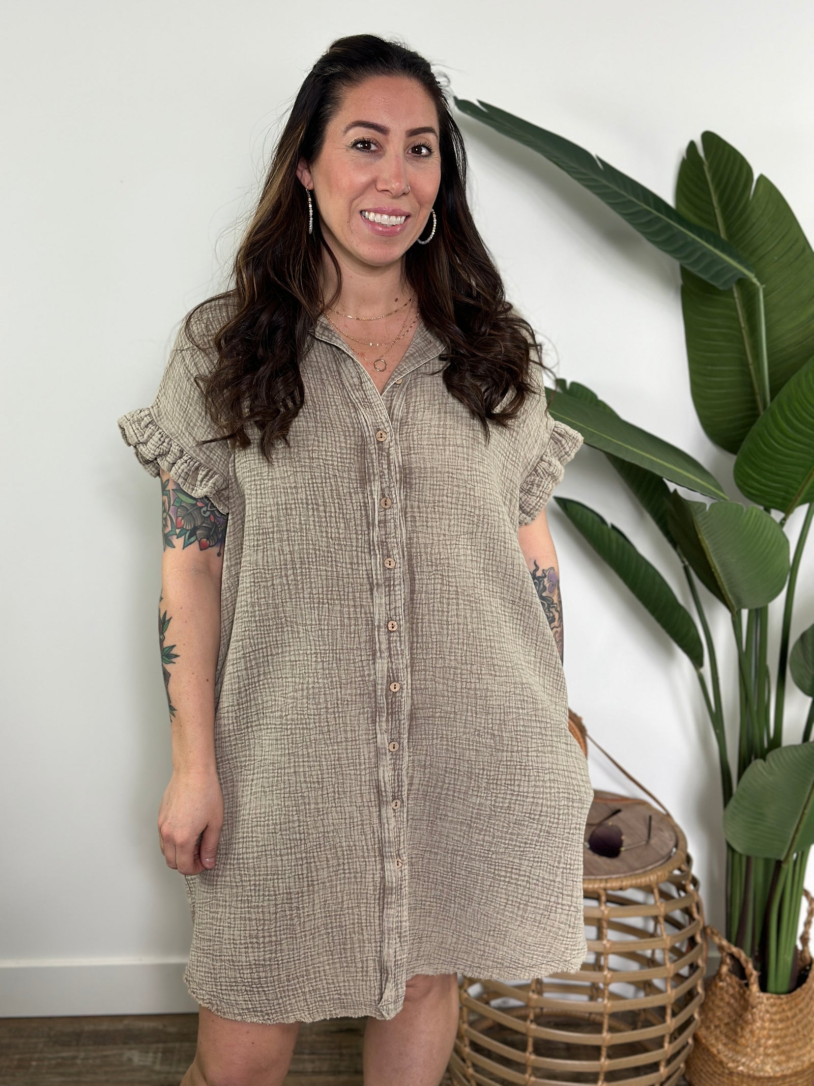 Toffee Gauze Ruffle Sleeve Dress - FINAL SALE