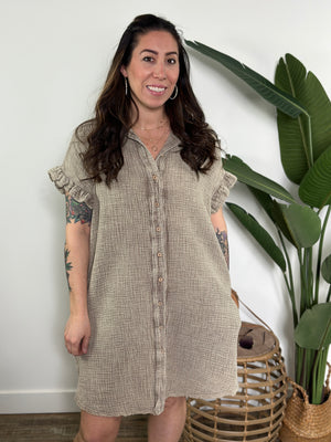 Toffee Gauze Ruffle Sleeve Dress