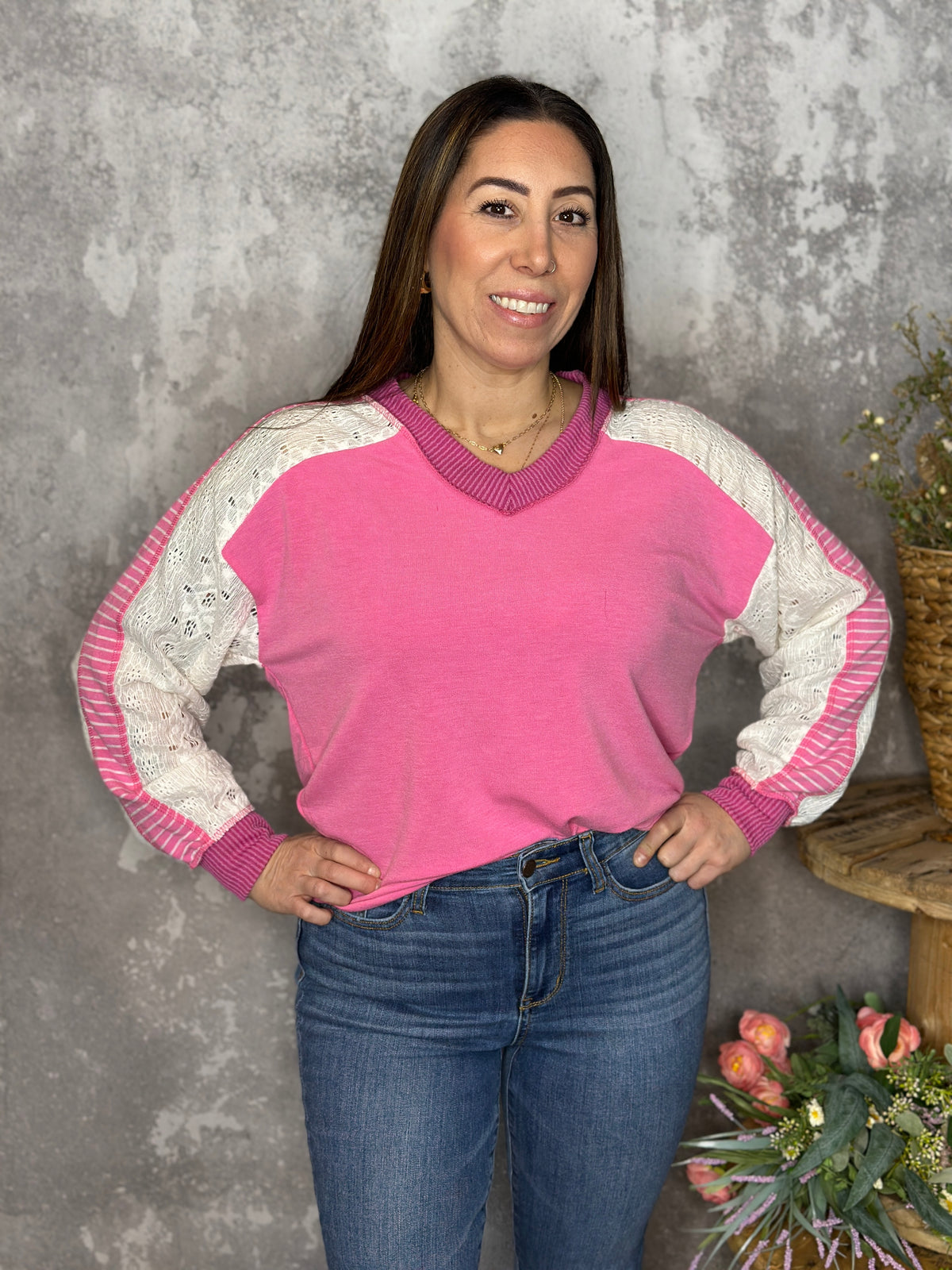 Pink Lace Vneck Sweatshirt