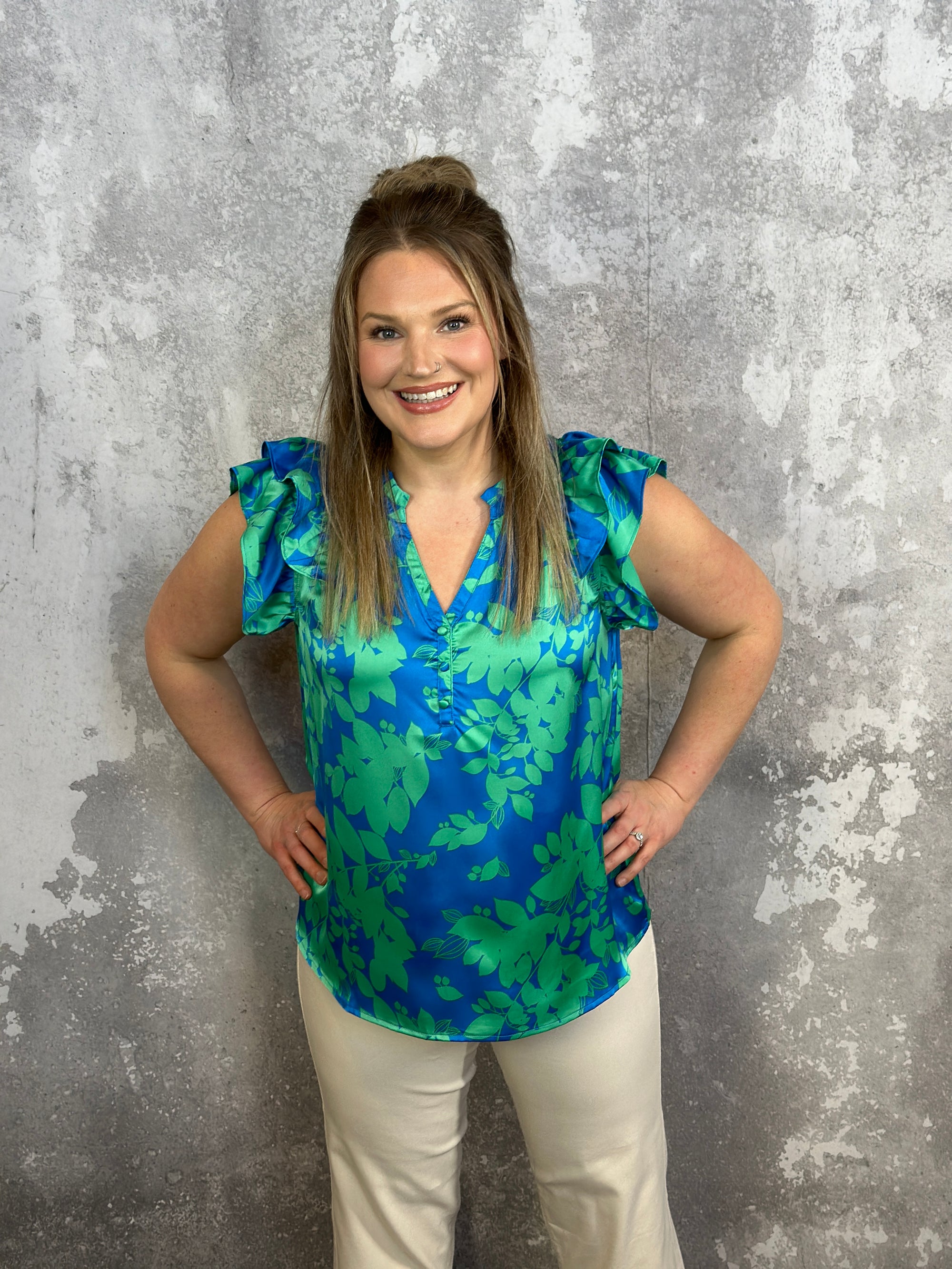Blue/Green Ruffle Floral Top