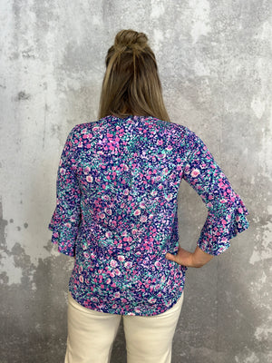 The Wrinkle Free 3/4 Ruffle Sleeve Lizzie Top -Blue Floral (Small - 3X)