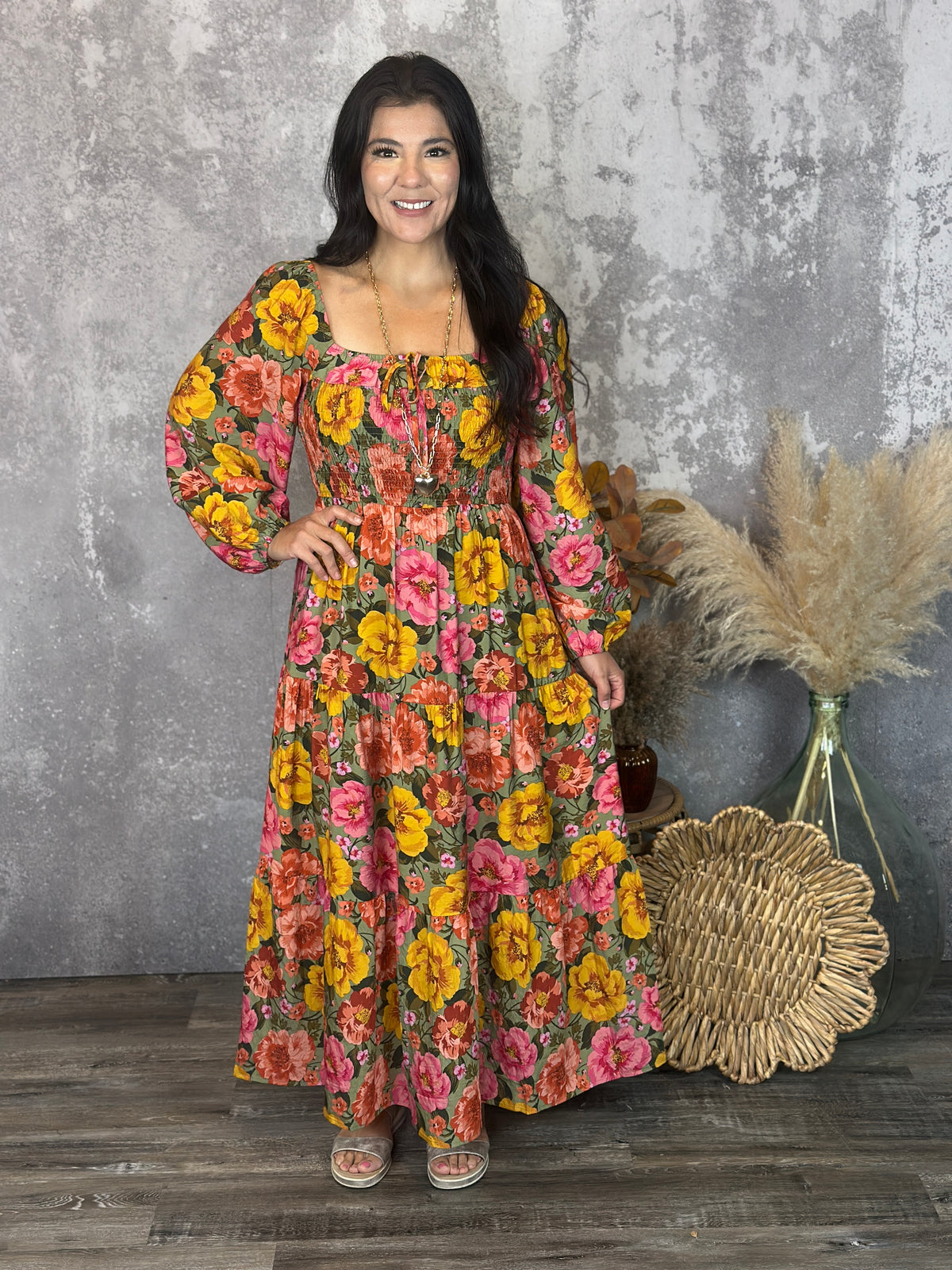 Mustard Olive Floral Maxi Dress (Small - 3X)