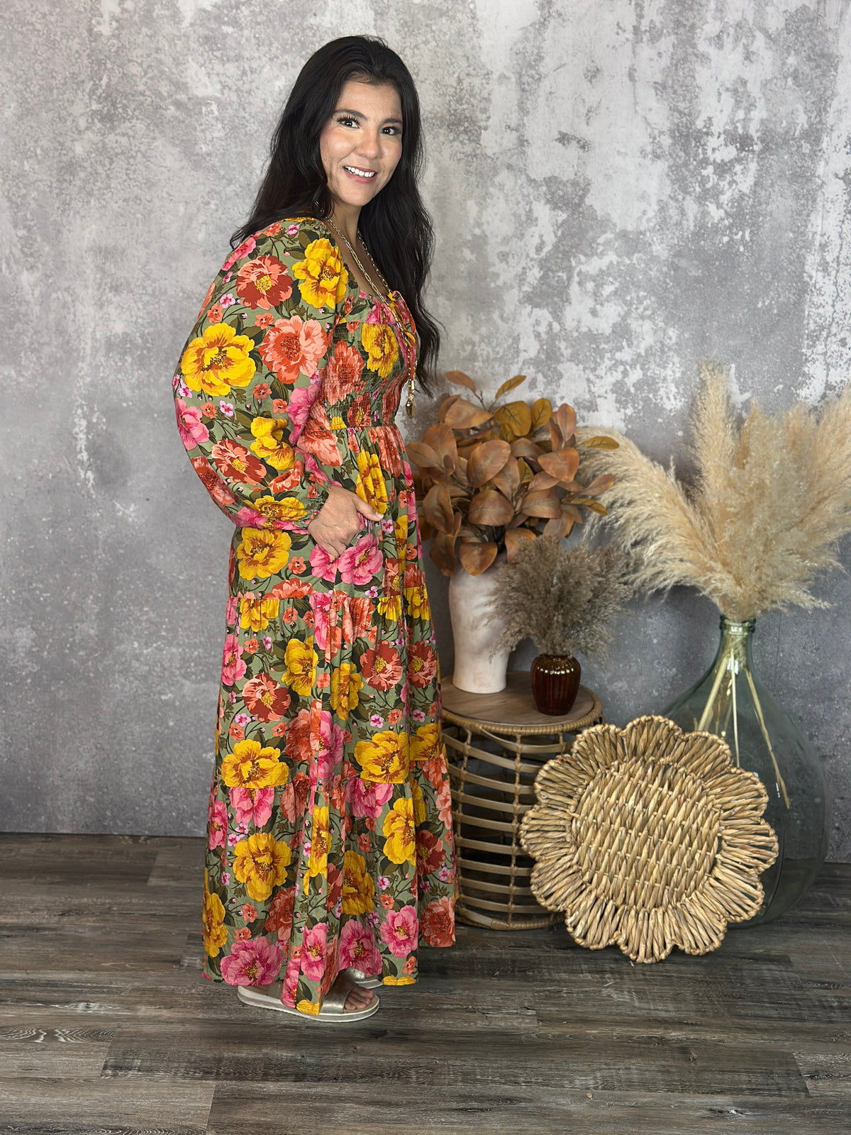 Mustard Olive Floral Maxi Dress (Small - 3X)