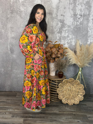 Mustard Olive Floral Maxi Dress (Small - 3X)
