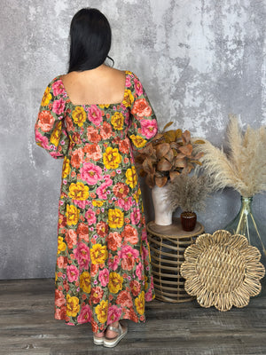Mustard Olive Floral Maxi Dress (Small - 3X)