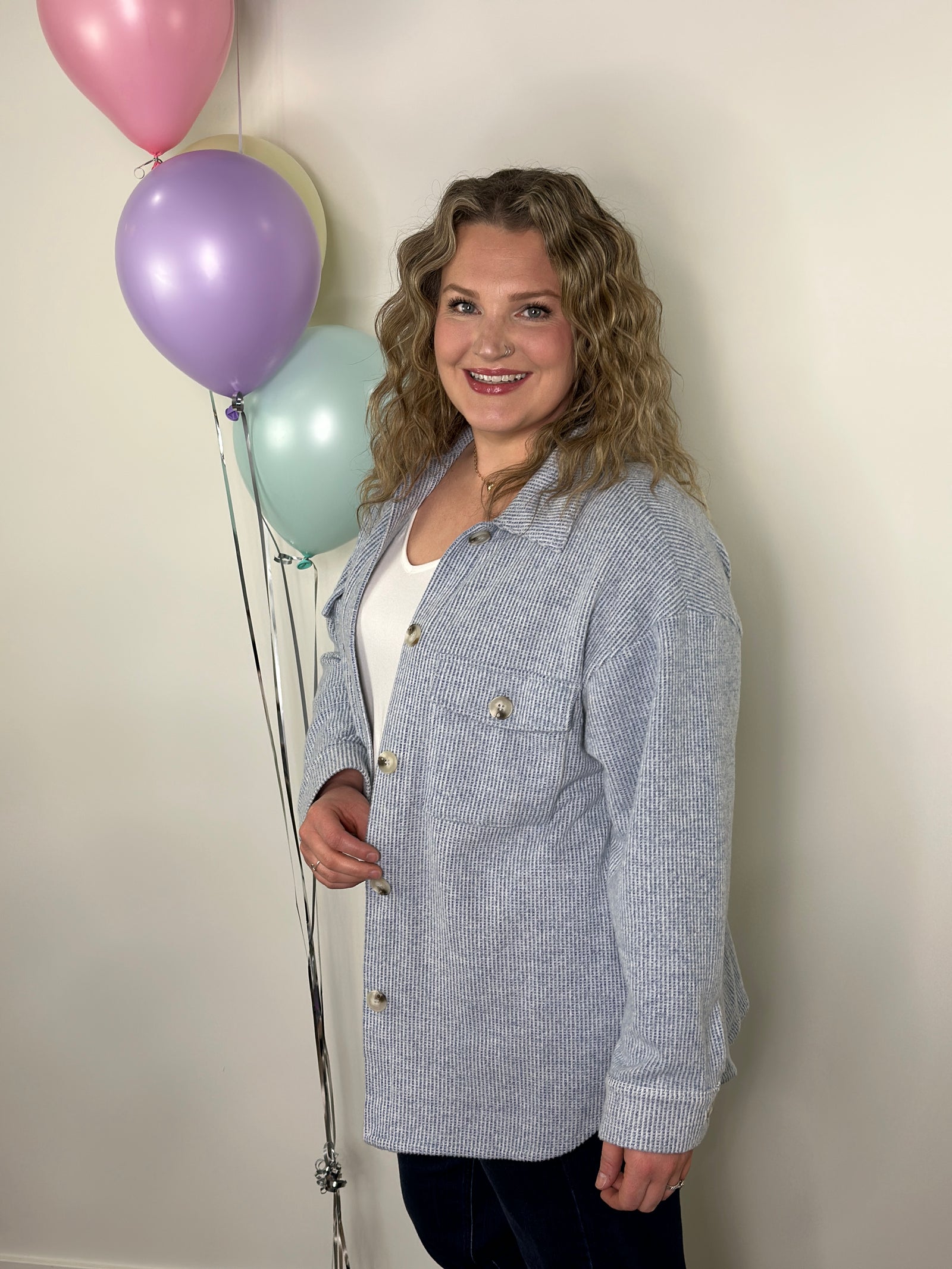 Lightweight Textured Shacket - Blue- (Small - 3X)