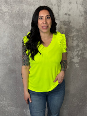 Highlighter Yellow Textured Ruffle Tank
