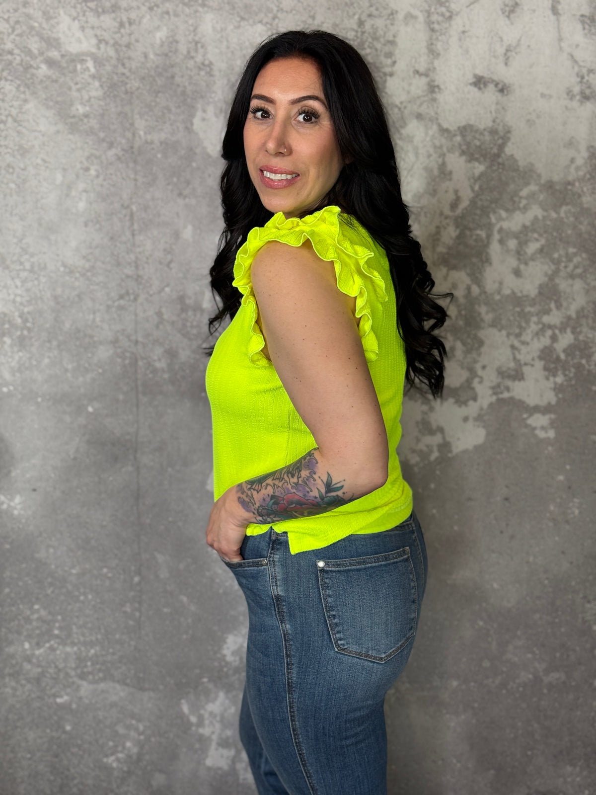 Highlighter Yellow Textured Ruffle Tank