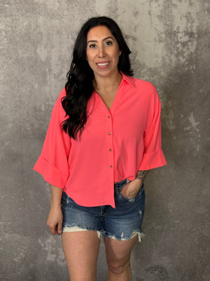 Wide 3/4 Sleeve Airflow Top  - Neon Coral - FINAL SALE