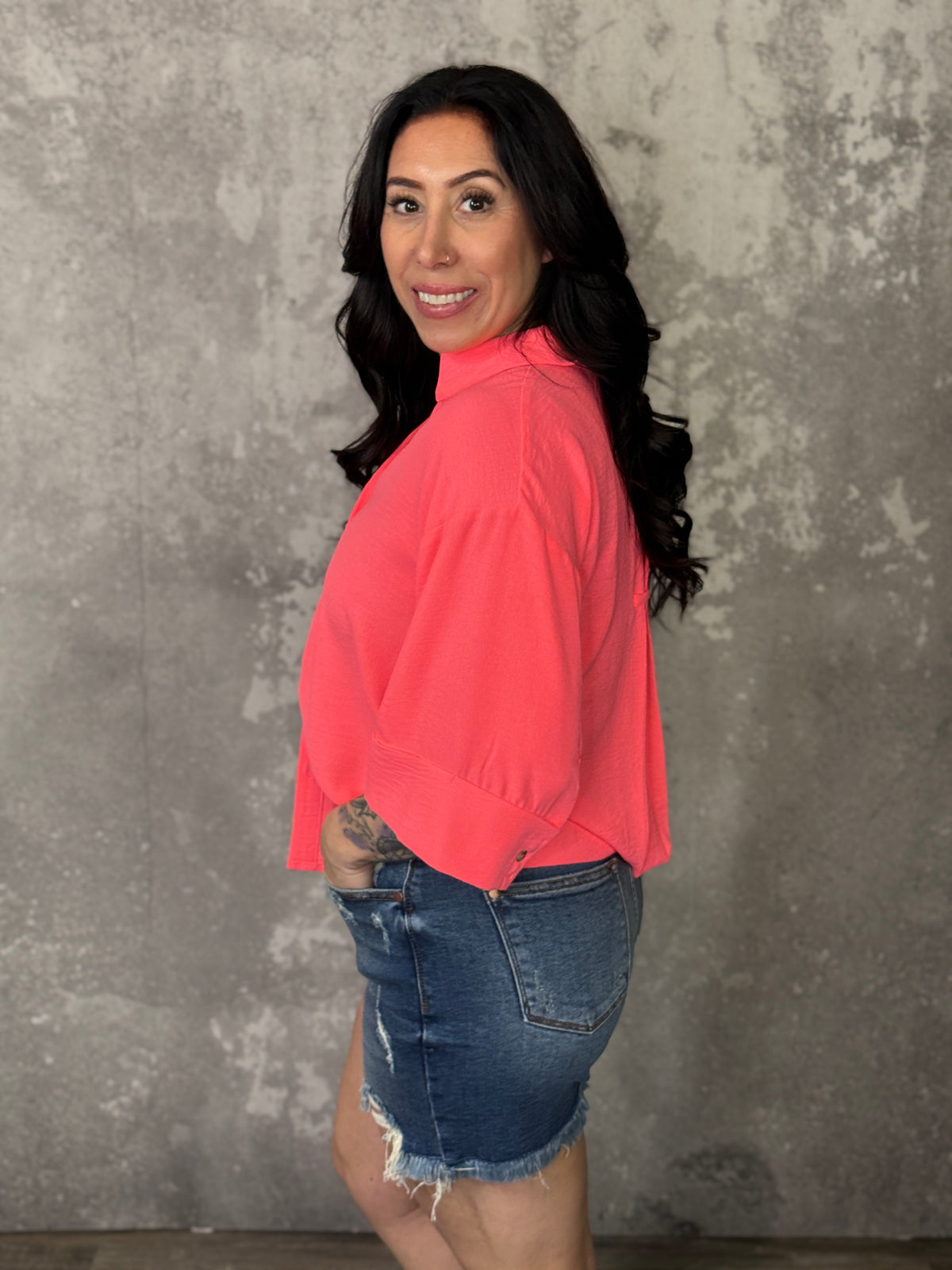 Wide 3/4 Sleeve Airflow Top  - Neon Coral - FINAL SALE