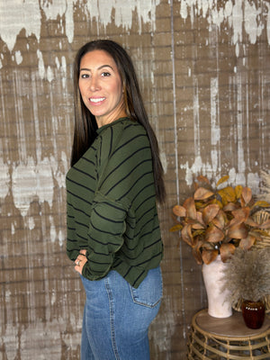 Olive and Black Stripe Long Sleeve (Small - 3X)