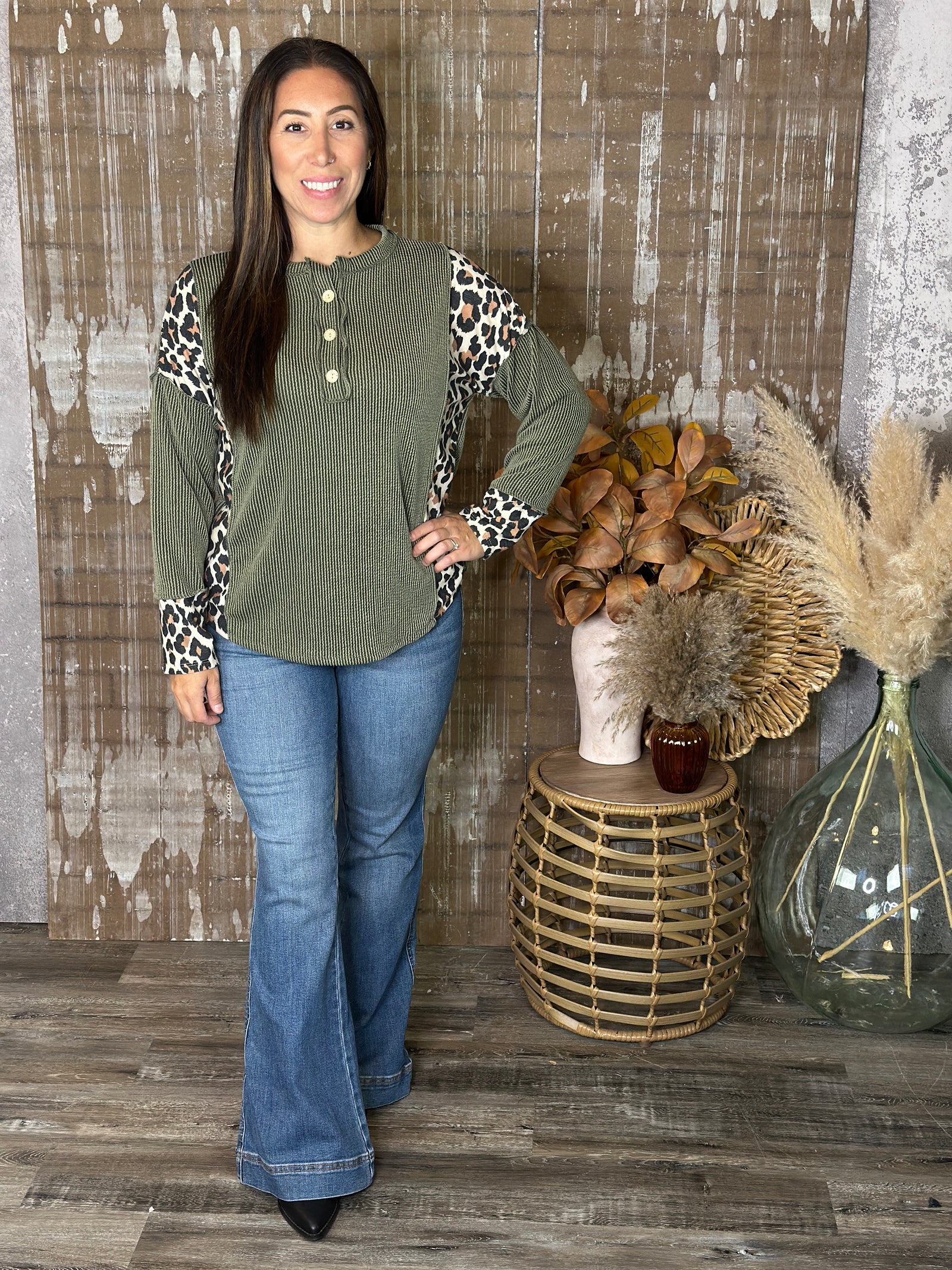 Olive and Leopard Ribbed Button Top