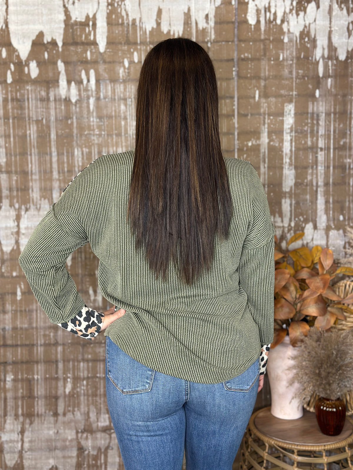 Olive and Leopard Ribbed Button Top